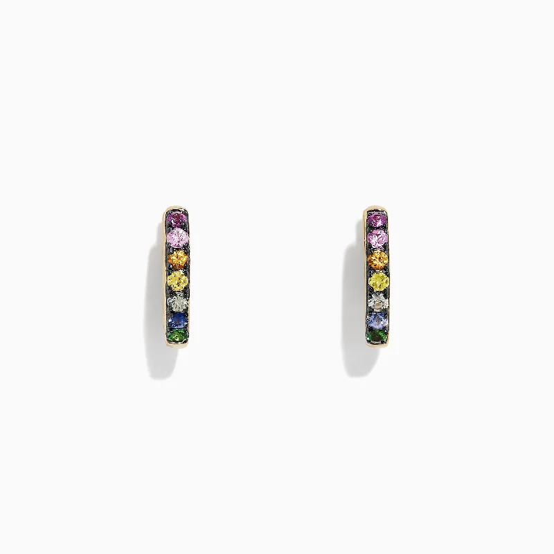 Diamond Earrings For Special Gifts-Watercolors 14K Gold Multi Sapphire Mini Hoop Earrings, 0.66 TCW