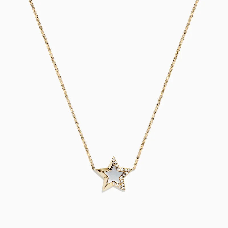 Custom engraved bar necklaces-Novelty 14K Gold Mother of Pearl and Diamond Star Necklace, 0.06 TCW