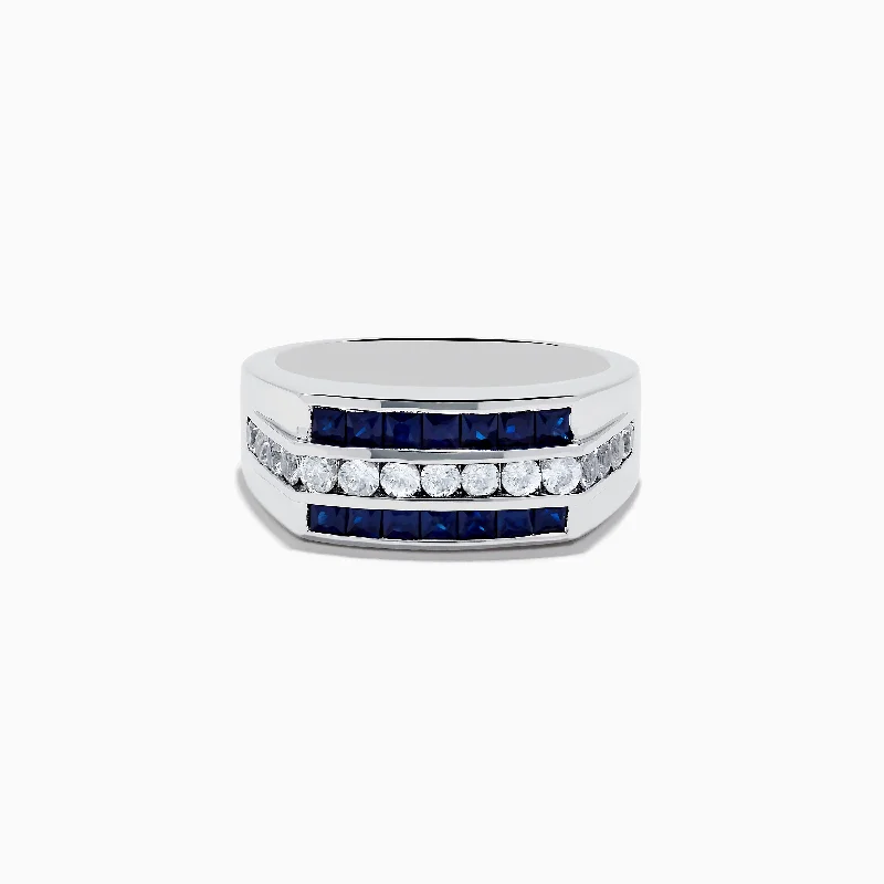 Elegant wedding bands-Men's 925 Sterling Silver Blue and White Sapphire Ring