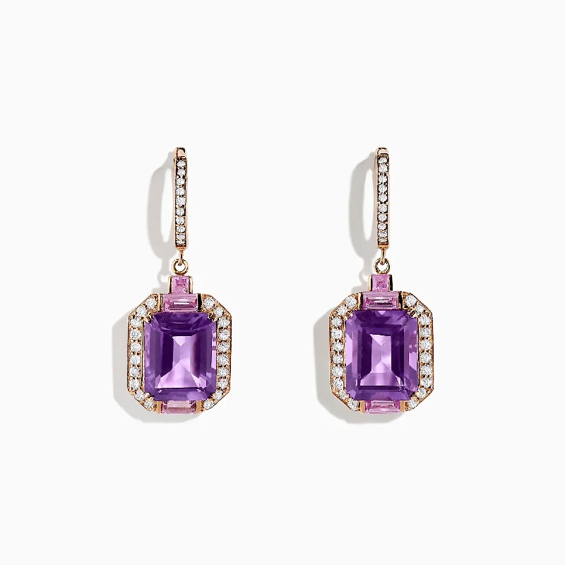 Huggie Earrings For Chic Look-14K Rose Gold Amethyst, Pink Sapphire and Diamond Earrings, 7.04 TCW