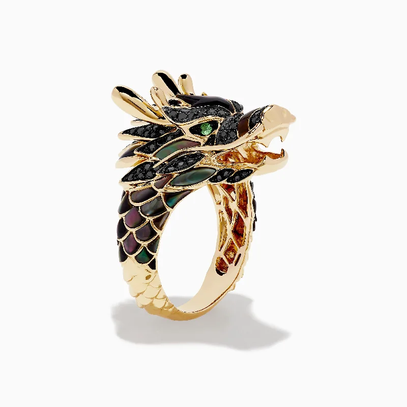 Gold wedding bands for women-Men's 14K Yellow Gold Tsavorite and Black Diamond Dragon Ring