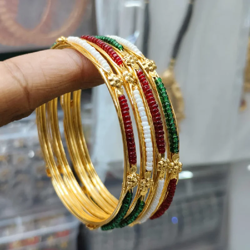 floral design bracelets-Set of 3 bangles for weddings-Pooja Bangles Gold Plated Beads Bangle Set