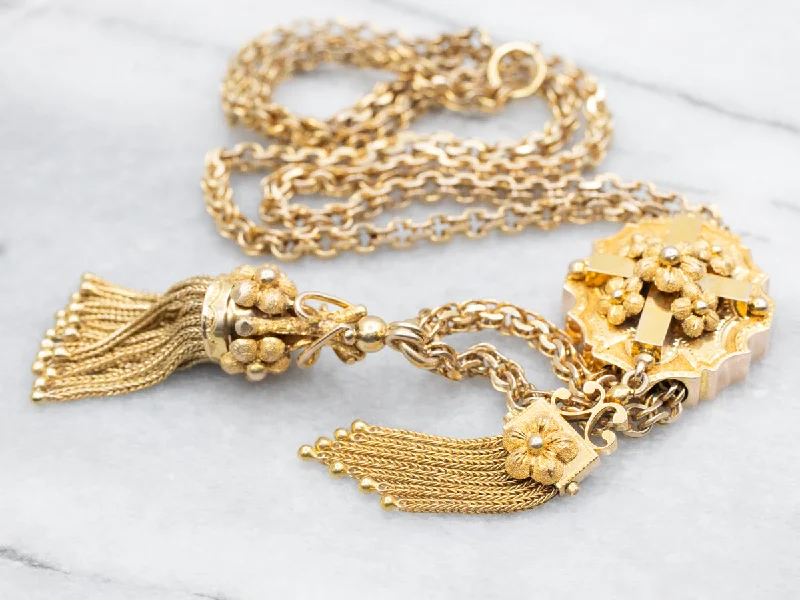 Chunky chain necklaces for women-Victorian Floral and Gold Sautoir Necklace