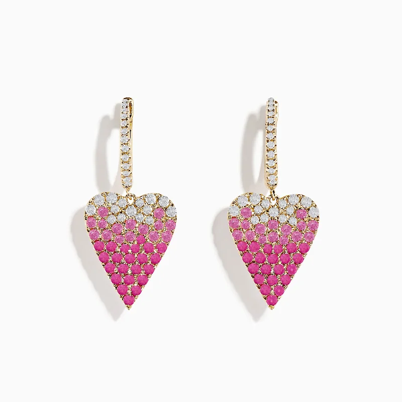 Natural Stone Earrings For Earthy Vibes-14K Yellow Gold Pink Sapphire and Diamond Heart Earrings