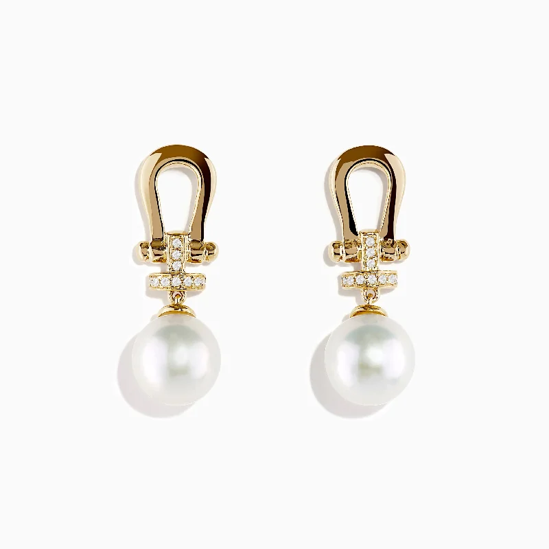 Bold Gold Earrings For Statement Look-14K Yellow Gold Fresh Water Pearl and Diamond Horseshoe Drop Earrings