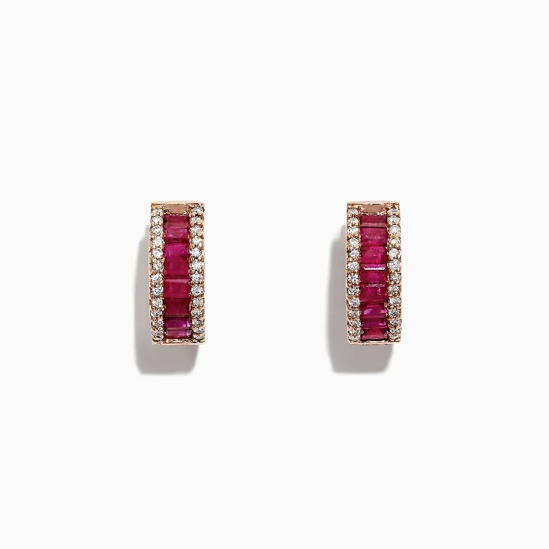 Elegant Earrings For Modern Look-Ruby Royale 14K Rose Gold Baguette Cut Ruby Hoop Earrings, 1.90 TCW