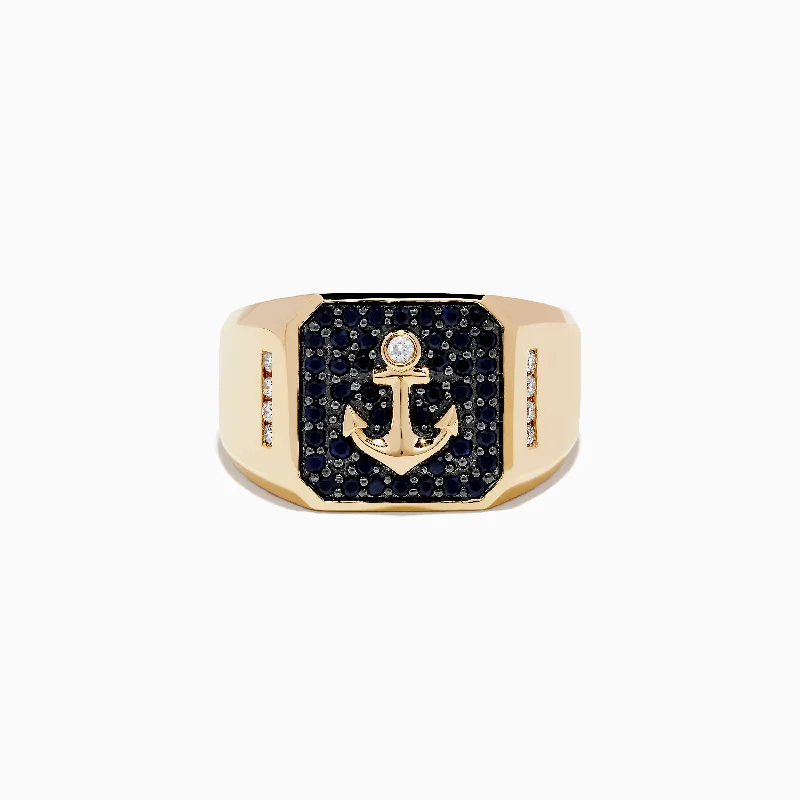 Matching diamond rings-Men's 14K Yellow Gold Diamond and Black Sapphire Anchor Ring