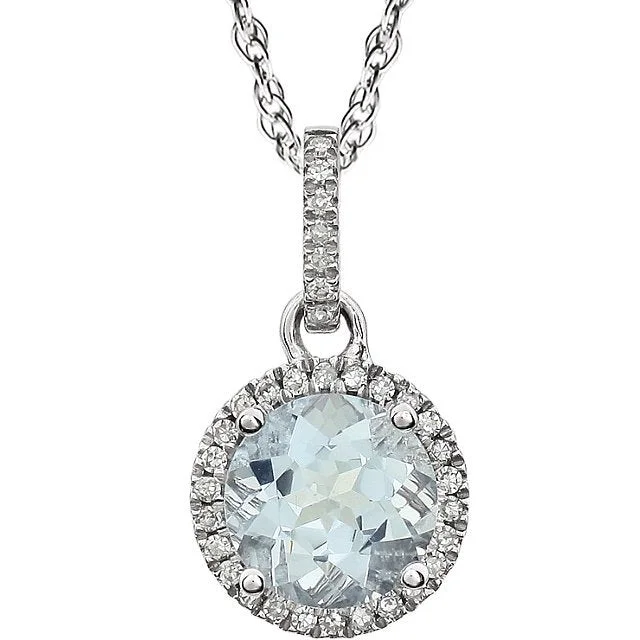 Sterling silver necklaces for men-14KT WHITE GOLD 1.00 CT AQUAMARINE & .10 CTW DIAMOND HALO NECKLACE