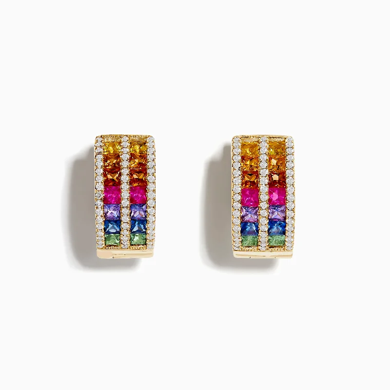 Vintage Earrings For Special Occasions-14K Yellow Gold Multi Color Sapphire and Diamond Hoop Earrings