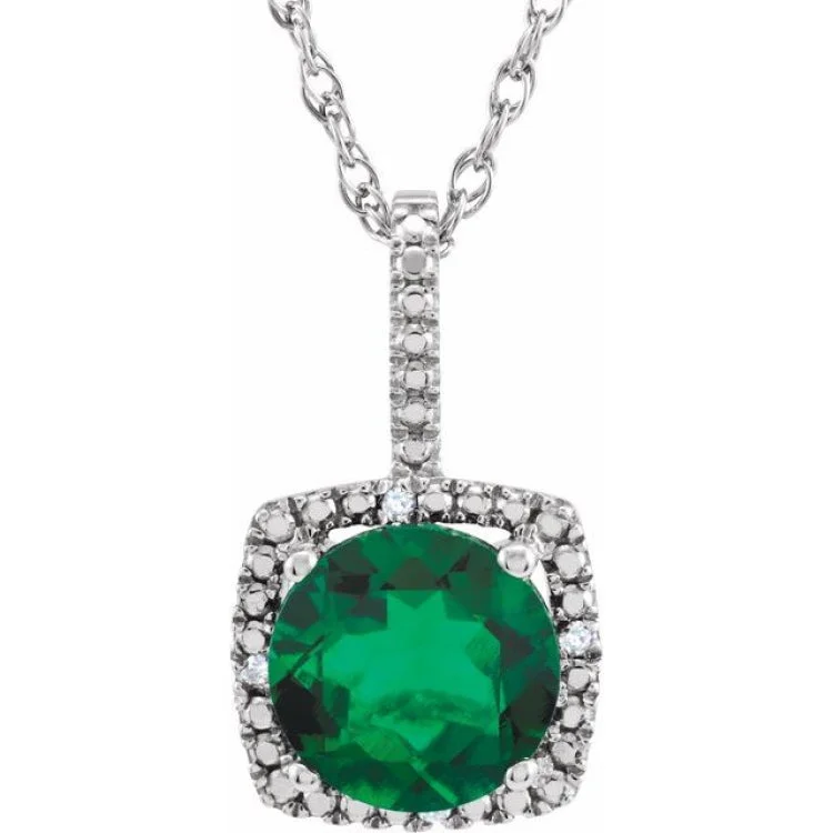 Minimalist diamond necklaces for gifts-Sterling Silver 7 mm Lab-Grown Emerald & .015 CTW Natural Diamond 18" Necklace