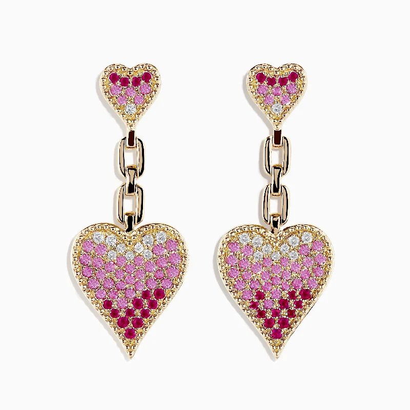 Boho Earrings For Summer Outfits-Novelty 14K Yellow Gold Pink Sapphire and Diamond Heart Earrings